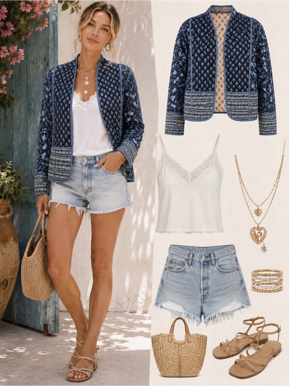 Reversible Quilted Floral Jacket Boho Patchwork Lightweight Coat-2 in 1